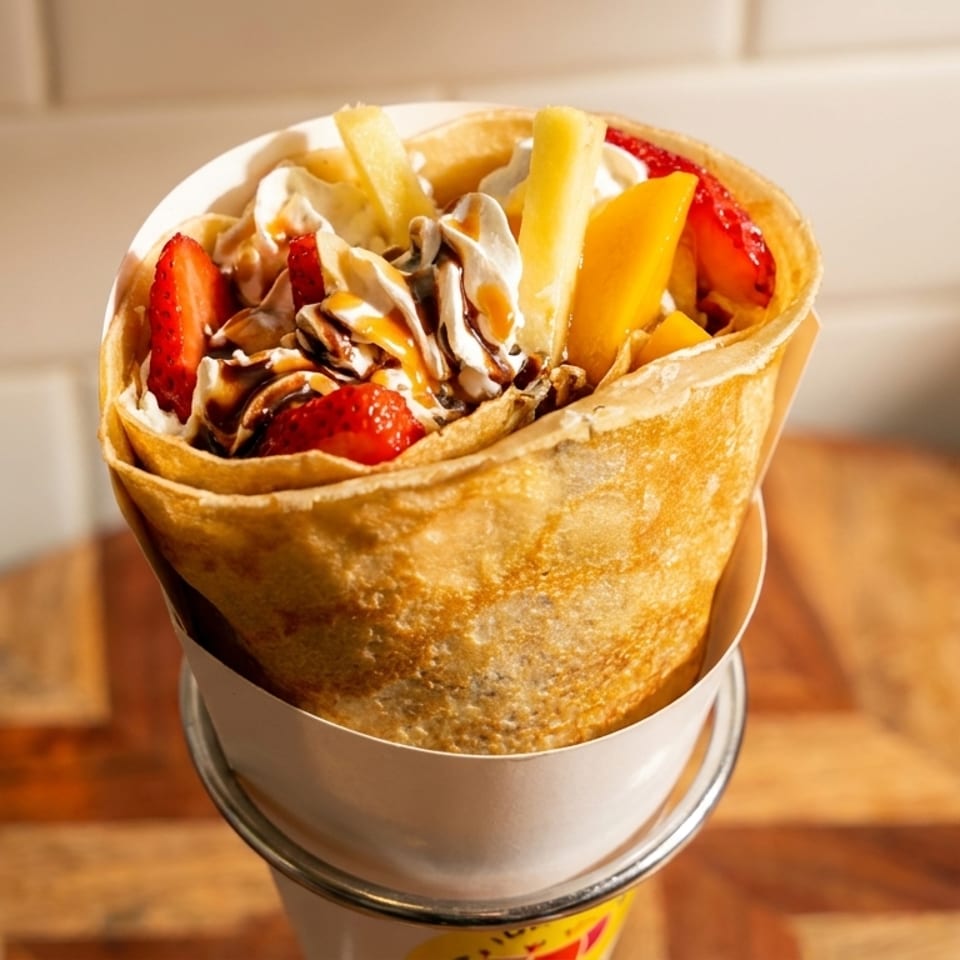 Sweet crepe filled with strawberries, mango, pineapple, whipped cream, chocolate, and caramel drizzle.