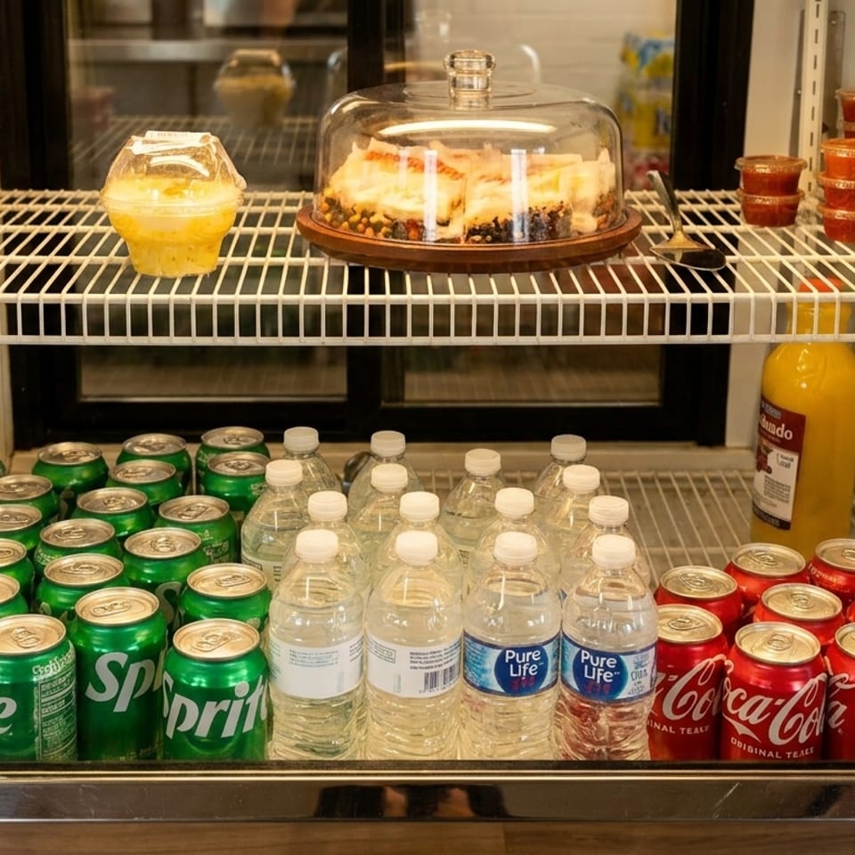 A refrigerated display case filled with drinks, desserts, and small containers of sauce.