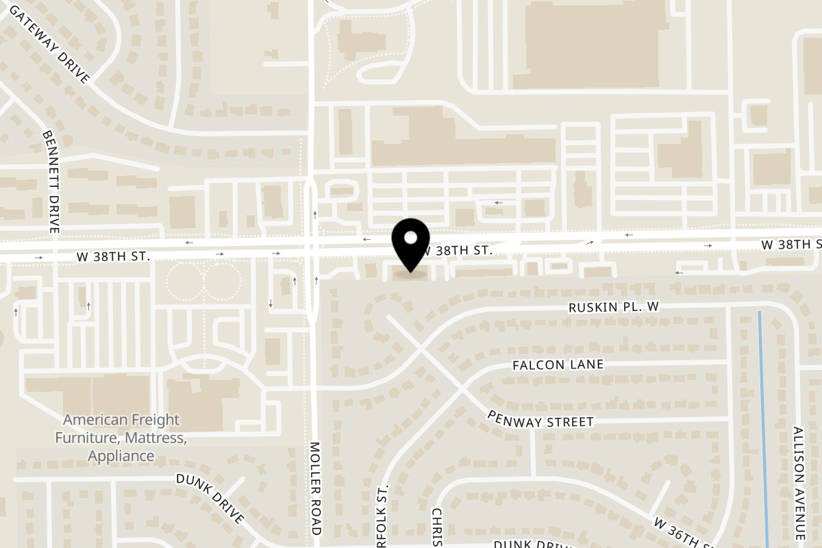 Map showing the location of Jugos y mas on 5435 W 38th St Ste b in Indianapolis